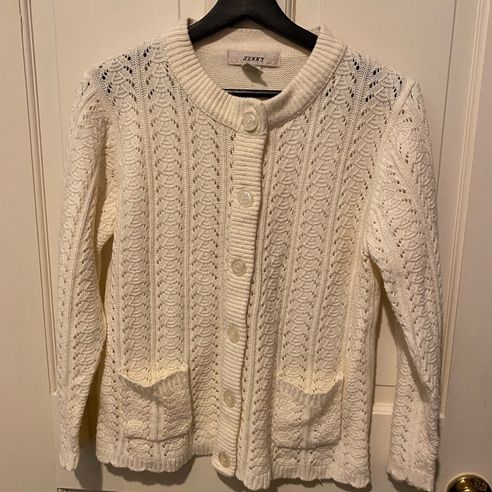 Vintage Jenny Acrylic Knit Cream Cardigan PETITE LARGE - Picture 2 of 3